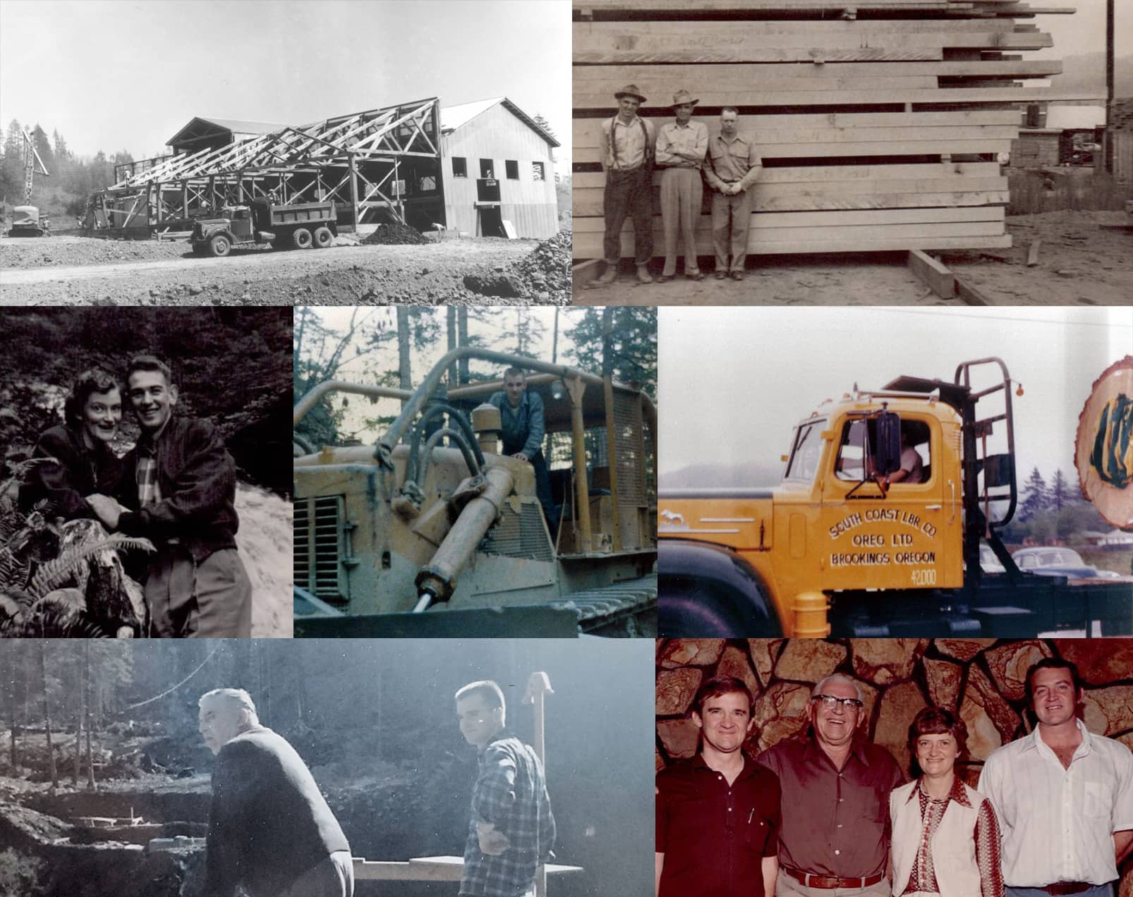 A collage of various historical photos featuring the history of the family of South Coast Lumber