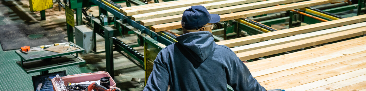 Employee at the sawmill stacker machine